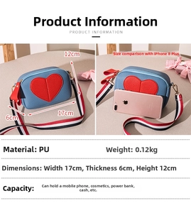Mini blue heart crossbody bag size details 17x6x12cm with colorful striped strap