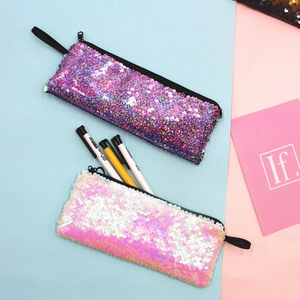 DIY mermaid sequin pencil case in purple and pink for student stationery storage