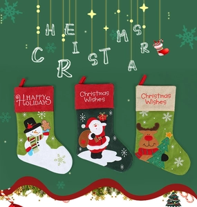 Detailed view of embroidered Christmas stockings with Santa, snowman and reindeer designs