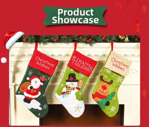 Detailed embroidery of Santa, Snowman, and Reindeer on festive Christmas stockings