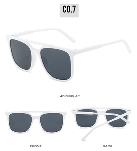 Three-way view of white double-bridge sunglasses with dark grey lenses and minimalist design
