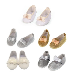 Assorted 7.5cm doll shoes in glitter and leather finishes with cute 3D bowknot details