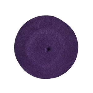 Top-down view of a classic dark purple wool beret featuring a central decorative stalk