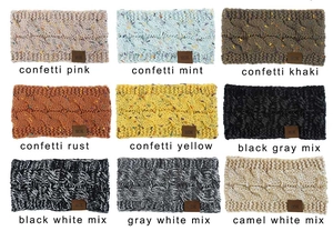 Detailed grid of nine knitted winter headbands featuring thick cable stitch and MOK leather tag