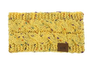 Close-up of yellow chunky knit headband with colorful flecks and brown leather MOK label