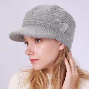 Damen Winter Warm Strickmütze Mit Schirm Plus Samt Verdickt Acryl Baskenmütze Mit Bommel Schleife Dekor Einfarbig Warm