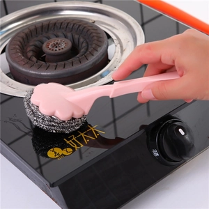 Pink long handle stainless steel scouring ball brush cleaning kitchen stove top surfaces