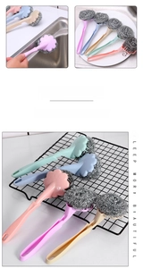 Long handle stainless steel scouring pad brushes in four colors for kitchen cleaning