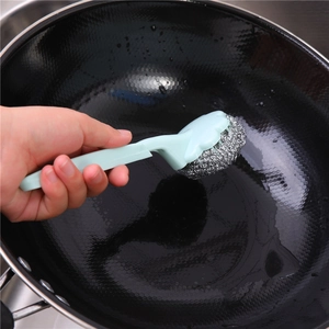 Long handle stainless steel scouring pad brush for efficient kitchen pot cleaning