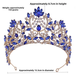 Baroque bridal crown dimensions: 15.5cm diameter, 8.7cm height, featuring blue gems