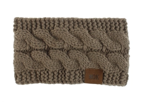Detailed cable knit pattern on taupe winter headband with a brown leather MOK logo tag