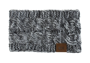 Close-up of cable knit ear warmer headband in marl grey with a leather logo detail