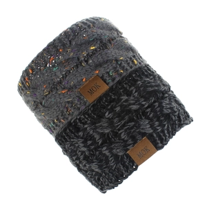 Close-up of gray chunky knit headband with colorful flecks and brown leather MOK brand tag