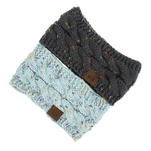 Detail of chunky cable knit headbands in dark grey and light blue with leather MOK label
