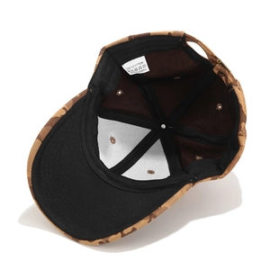 Brown camouflage suede cotton baseball cap showing internal lining and adjustable metal buckle