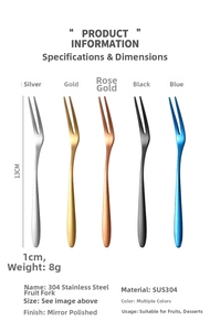 Specifications for 304 stainless steel fruit forks in five mirror-polished color finishes