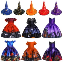 Various Halloween witch costumes for girls with matching hats and pumpkin print dresses