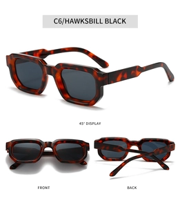Detailed views showing hawksbill thick frame rectangle sunglasses from front and side angles