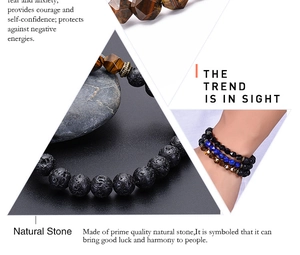 Detailed view of beaded bracelet featuring natural tiger eye and black lava stone texture