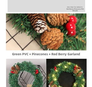 Vue détaillée de la couronne de Noël en PVC avec baies rouges et pommes de pin naturelles