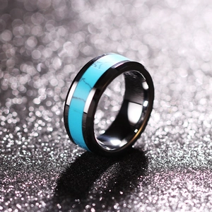 8mm brushed black stainless steel ring featuring a vibrant turquoise inlay for men and women