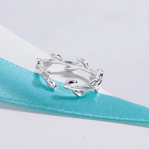 Elegant adjustable silver olive leaf branch ring with polished finish for women
