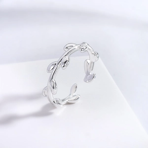 Leaf Olive Branch Adjustable Open Ring Minimalist Silver Plated Copper Forest Style Fashion Jewelry For Women