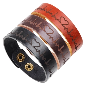 Bracelet En Cuir De Vachette Rétro ECG Battement De Coeur Forme De Coeur Boutons Pression Pour Hommes Et Femmes