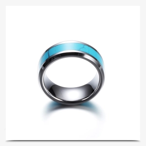 Detail of 8mm polished stainless steel ring with turquoise inlay on white background