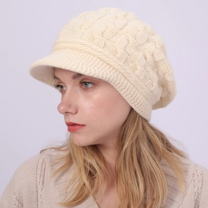 Gorro de punto trenzado con visera para mujer blanco crema, gorra cálida de invierno