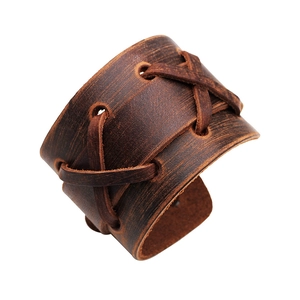 Bracelet De Force Large En Cuir De Vachette Punk Avec Laçage Bande Croisée Boucle Métallique Réglable Pour Hommes Rétro