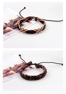 Close-up of woven leather bracelets with adjustable drawstrings on vintage cards