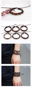 Detail of multi-layer woven leather bracelets with adjustable sliding knots for men