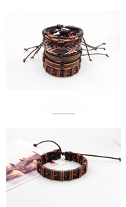 Detail of multi-layer vintage braided leather bracelets with adjustable sliding knot closure