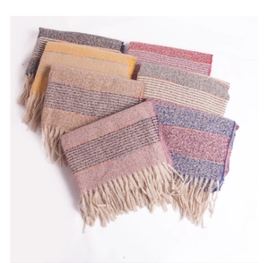 Detail view of multicolored striped knit scarves with long tassel edges in various colors