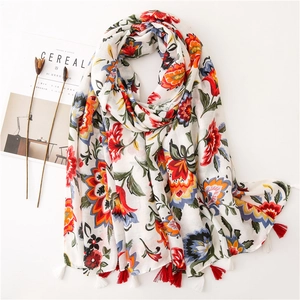 Floral Print Scarf Shawl Polyester Lightweight Sunscreen Bohemian Ethnic Style Tassel Decorative For Women Beach Travel