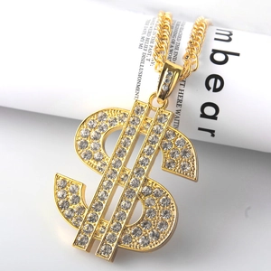 18K gold plated dollar sign necklace with sparkling crystals and a Cuban chain