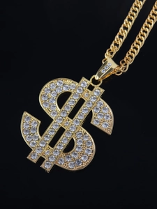 Close-up of hip hop dollar sign pendant with sparkling rhinestones on gold rope chain