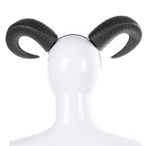 Detail of black ram horns headband with realistic texture for Halloween cosplay