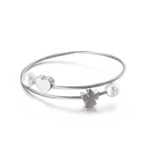 Silver stainless steel heart and angel charm bangle with white pearls for women