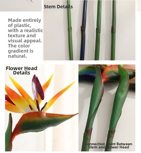 Detailed macro view of artificial Bird of Paradise flower head with plastic texture
