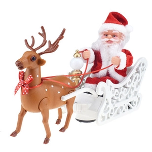 Detail of mechanical reindeer and Santa figurines showing wind-up clockwork mechanism