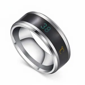 Men's silver stainless steel temperature sensitive ring displaying 38 Celsius degrees