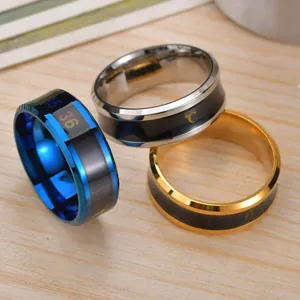 Close-up of three temperature-sensing stainless steel rings in blue, gold and silver