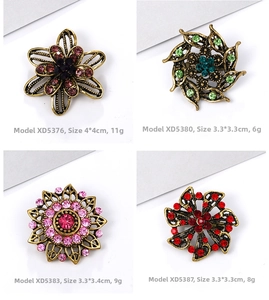 Detailed comparison of vintage alloy flower brooches with colorful rhinestones and size specs