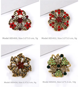 Detailed grid of vintage alloy brooches with rhinestone accents and floral leaf designs