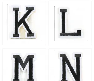 Detail of embroidered alphabet patches K, L, M, N with precise height and weight specs