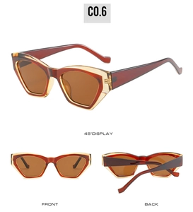 Three-angle view showing front, back, and 45-degree profile of amber geometric sunglasses