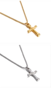 Detailed comparison of gold and silver titanium steel cross pendants on box chains