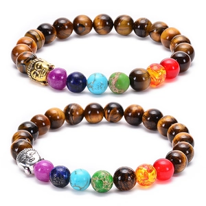 Tiger Eye Beaded Bracelet With Seven Chakra Natural Stones And Alloy Buddha Head Healing Energy Meditation Elastic For Men Women